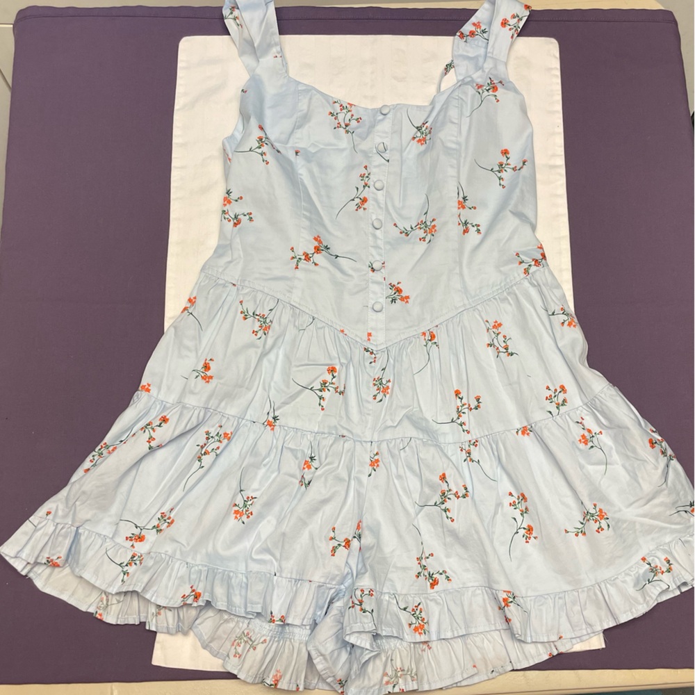 Button-Front Tiered Romper in Light Aqua Blue Floral - Wild Fable
